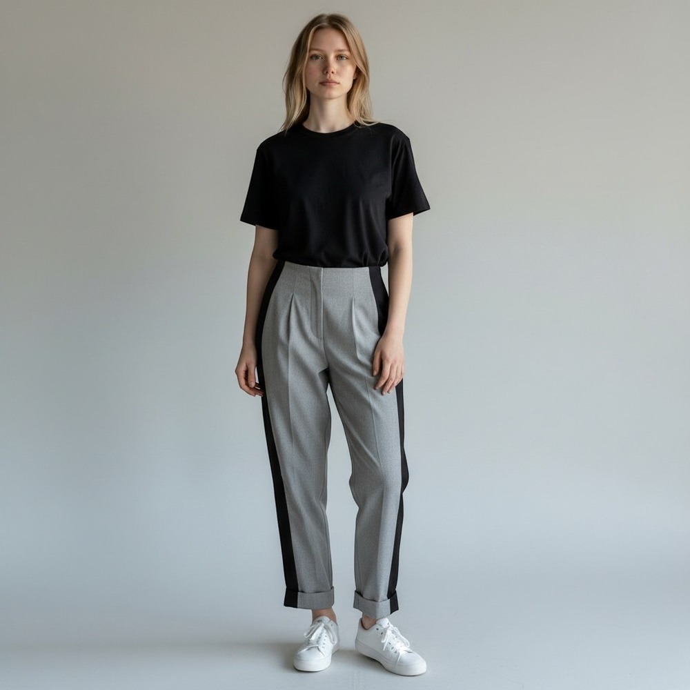 NWT Reveuse Womens Two Tone High Waisted Pleated Cuffed Tapered Pants Grey Black
